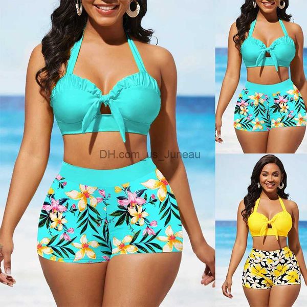 Traje de baño para mujer Conjunto de bikini sexy y de moda de verano para mujer con estampado floral pequeño Traje de baño con lazo Playa Conjunto de dos piezas S-5XL T240328