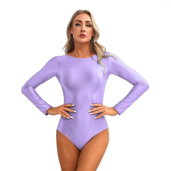 Traje de baño para mujer Traje de baño de verano para mujer Traje de baño brillante de una pieza de manga larga con cuello redondo U Back Tights Body Leotardo Traje de baño