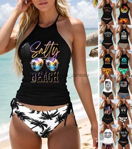 Maillots de bain pour femmes Maillots de bain d'été pour femmes Beachwear Mode Simple Imprimer Bikini Nouveau Femmes Suspendus Cou Bikini Maillot De Bain Deux Pièces S-6XL T240328