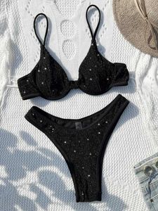 Dames badmode dames zwempak 203 zwart glanzende bikini sexy hoog taille tweedelige zwempak staal ondersteuning dames v-hals strand zwempak yx1378x j240403