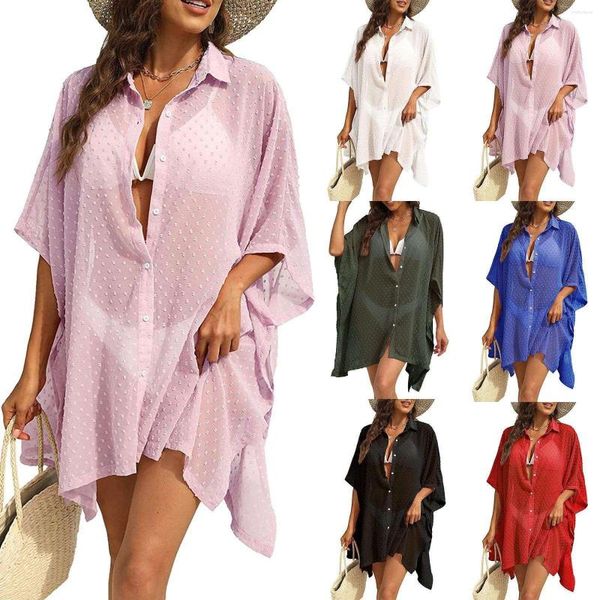 Maillot de bain pour femme Maillot de bain pour femme Beach Cover Up Jacquard Button Chiffon Shirt Top