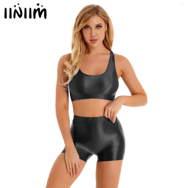 Traje de baño para mujer Traje de baño para mujer Dos piezas Sin mangas brillante Cuello en U Camiseta sin mangas con pantalones cortos de cintura media para deportes Fitness Yoga