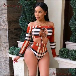 Traje de baño para mujer Traje de baño para mujer 2022 Tanga Traje de baño Imprimir Vendaje Mujeres Tankini Manga larga Bikini Set Cintura alta Traje de baño Drop DHI1E