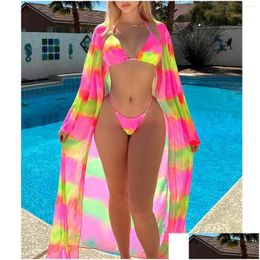 Women'S Maillots De Bain Femmes Maillots De Bain 2024 3Pack Avec Kimono Femmes Imprimé Tropical Bikini Maillot De Bain Plage Er Up Halter Ensemble Beachwear Drop De Otogy