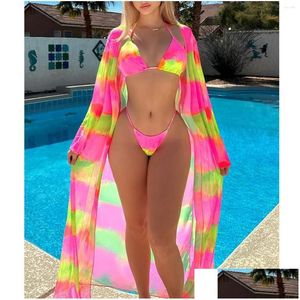 Women'S Maillots De Bain Femmes Maillots De Bain 2024 3Pack Avec Kimono Femmes Imprimé Tropical Bikini Maillot De Bain Plage Er Up Halter Ensemble Beachwear Drop De Otogy