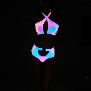 Maillots de bain pour femmes Maillots de bain pour femmes Y Maillot de bain bikini réfléchissant éblouissant creux Colorf Glow-In-The-Dark Split Halter Drop Delivery Appa Dhavq