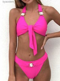 Traje de baño para mujer Mujeres de moda brillante Rhinestone Halter Bikini Set Sexy Tie Trajes de baño Thong Bottom Traje de baño Sólido Ropa de playa 2023 Verano L240308