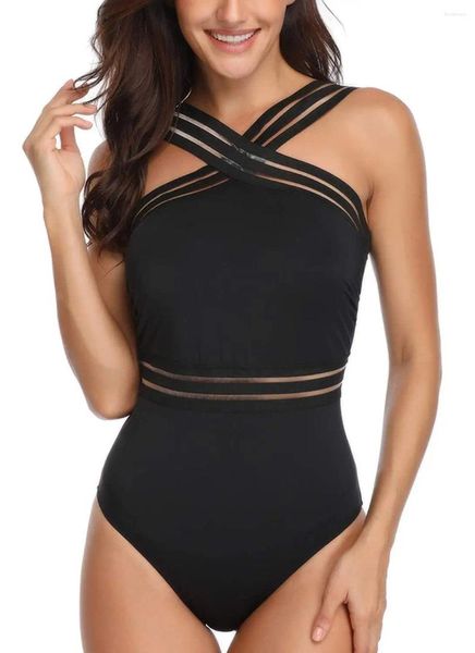 Maillots de bain pour femmes Femmes Tummy Control One Piece Maillots de bain Front Crossover Minceur Mesh Maillot de bain