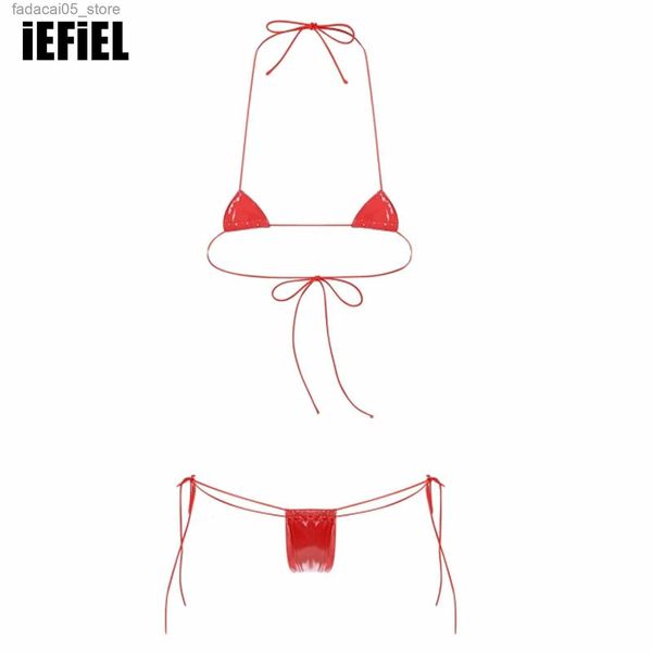 Maillots de bain pour femmes Femmes Wet Look Cuir Verni Micro Bikini Ensemble Deux Pièces Lingerie Costume Halter Soutien-Gorge À Lacets avec Taille Basse G-string Q240227