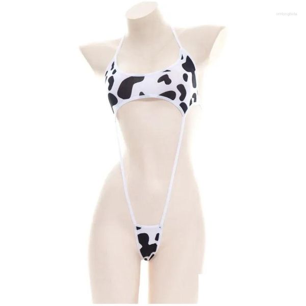 Swimswear pour femmes femmes femmes mignonnes lait vache imprimé bikini bodys yter halter backless couture micro saut combinaison à lanière érotique cosplay ling dht1x