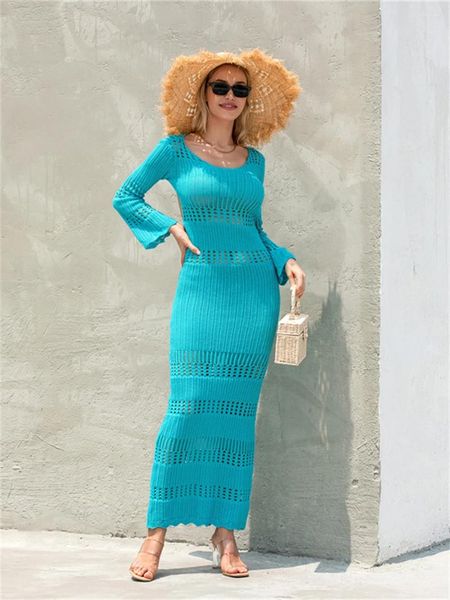 Traje de baño para mujer Wsevypo Sin espalda Vendaje Crochet Punto Playa Vestido largo Estilo de verano Manga O Cuello Hollow Out Wrap