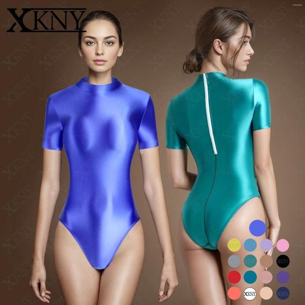 Swimwear pour femmes Xckny Satin Collages brillants Huile Silky Smooth Back Zipper Sweve Sweve Swewsuit Yoga Sportswear Color Couleur Couleur Body
