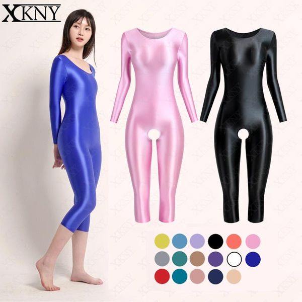 Traje de baño para mujer XCKNY Medias de satén Aceite de seda Body brillante Body de manga larga Pantalones de siete puntos Puede abrir la entrepierna Yoga Fitness Traje de natación