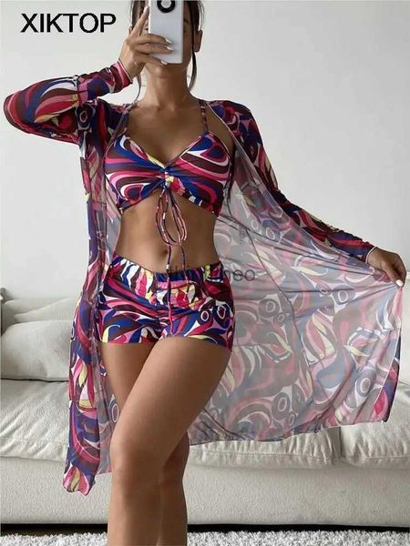 Mulheres Swimwear Xiktop Bikini 3 Peças Define Novas Mulheres Maiô Cintura Alta Sexy Manga Longa Cover Up Maiô 2023 Praia Banho Ternos YQ231219