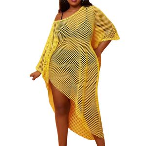 Maillots de bain pour femmes XL-4XL grande taille robe de plage pour femmes maille jaune évider couvrir irrégulière lâche bord de mer dame Plus 220325