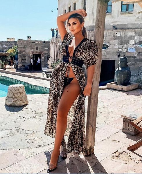 Maillots de bain pour femmes XXL dentelle Bikini couvrir longue Maxi robe femmes Cardigan plage couverture imprimé léopard en mousseline de soie maillot de bain Vestido