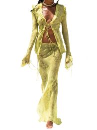 Dames Badmode Y2k Mesh Lange Rok Set Dames 2-delige mouw Ruches Top Bodycon Maxi-outfits See Through Cover Up Suit 230606