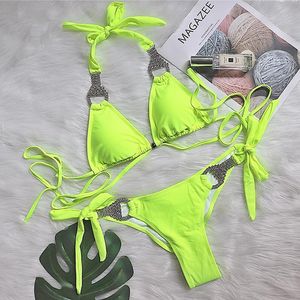 Dames badkleding gele bikini set driehoek zwempak vrouwen touw halter badpak Braziliaans verband vrouwelijk diamant biquini