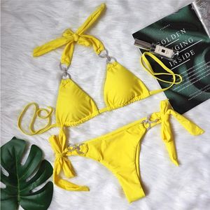 Maillots de bain pour femmes Jaune Sexy Bikinis 2023 Femmes Solide Couleur Femme Maillot De Bain Maillot De Bain Maillot De Bain Brésilien Bikini Ensemble Piscine Baigneur