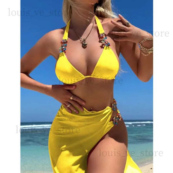 Maillots de bain femme Jaune Sexy Bikinis maillot de bain avec strass maillots de bain femme femme Push Up Bikini plage maillot de bain maillots de bain piscine baigneur T231215