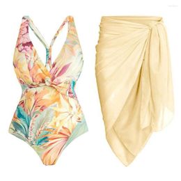 Dames badkleding gele v-hals bloem print uit één stuk zwempak sexy verzamelen taille bikini dames halter mode onregelmatige vaste kleuromslag