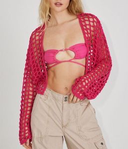 Maillots de bain pour femmes Yiiciovy Summer Sunscreen Shawl 2023 Bikini Cover-Ups Long Sleeve Crochet Cutout Beach Pool Smock Short Knitted