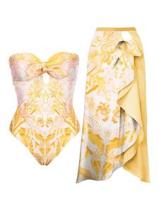 Traje de baño para mujer Juventud Amarillo Sin tirantes Estampado sin tirantes Sin espalda Sin espalda Sexy Cordón Atado Arco Traje de baño apretado Bikini y cubierta 2023 para mujeres J240131