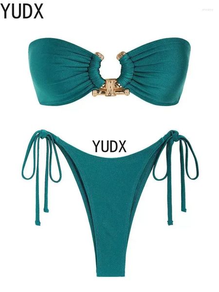 Traje de baño de baño femenino Yudx Solid O Anning Tuit para mujeres Tada Hardware de metal brillante Bandeau Bikini Brazal Bugurí