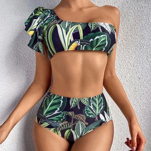 Dames badkleding zafille blad zwempak vrouwen hoge taille bikini set 2024 een schouderbaden voor schouderbaden en strandkleding