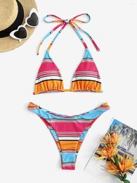 Maillots de bain pour femmes Zaful 2023 rayures colorées maillots deux pièces à jambes hautes ensemble de bikini côtelé effronté rayé