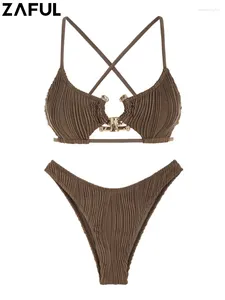 Traje de baño para mujer ZAFUL Cut Out Criss Cross Traje de baño para mujer Hardware de metal texturizado Pierna alta Bikini atrevido Acolchado Sin respaldo Top