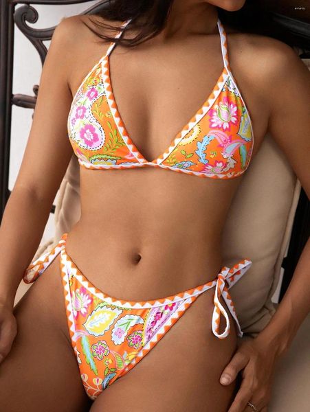 Swimwear féminin Zaful Ethnique Paisley Swimsuit imprimé pour les femmes Bikini Set Whip Stitch Strich Triangle Top Tie Tie Sweat Bottom