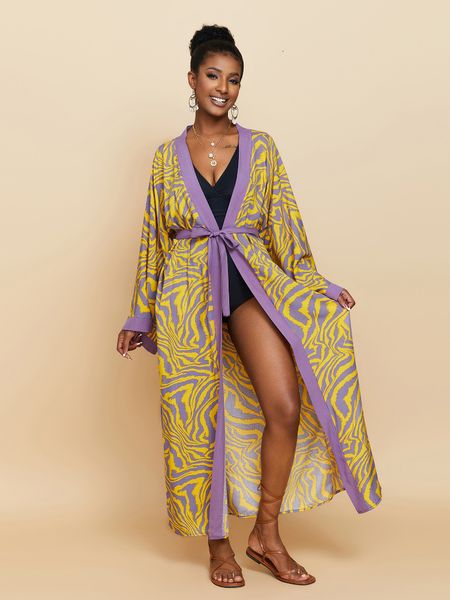 Maillots de bain pour femmes Zebra Beach Cover Ups pour femmes Robe kimono à manches longues Self Belted Rayon Élégant Paréo Maillots de bain Holiday Beachwear 230713