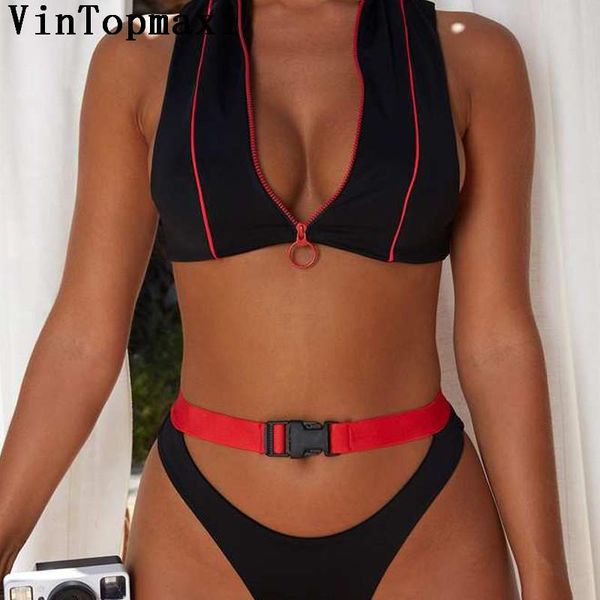 Traje de baño para mujer Cremallera Deporte Tank Top Traje de baño Femenino Brasileño Tanga Mujeres Bikini Set Dos piezas 2021Sexy Cuello alto Bañista Traje de baño