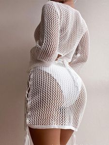 Dames badmode ZJLJAYCHOU badpak dames bedekken haak uitgehold zwembikini gebreide mesh pullover strandjurk (wit 005