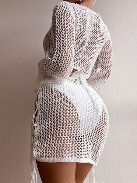 Traje de baño para mujer ZJLJAYCHOU Traje de baño Mujer Cubrirse Crochet Hollow Out Swim Bikini Knit Mesh Pullover Beach Dress (Blanco 005