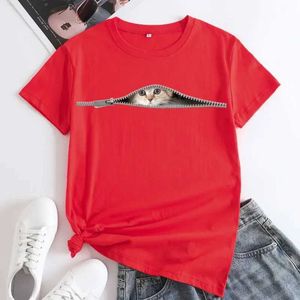 Camiseta para mujeres 100% algodón de algodón Patrón de estampado de gato de talla redonda Camiseta de manga corta Camiseta gráfica Camiseta gráfica Camiseta de gran tamaño