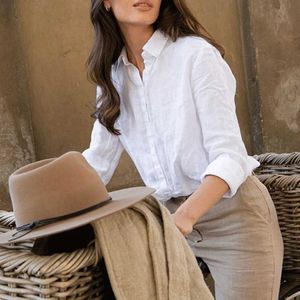 T-shirt féminin 100% lin shirt blanc et chemise revers à manches longues chic et élégante chemise de femmes Camissa de Mujerl2405