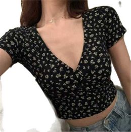 Camiseta Feminina 11 Cores Y2K Vintage Floral Crop Top Feminino Cropped Manga Curta Decote em V Sexy Roupas Cruzadas de Verão Camiseta Feminina Feminina