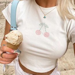 Camiseta para mujer 2000s Rhines Cherry Gráficos Impresión Verano Gótico Harajuku Punk Slim Mujer Camiseta Manga corta Crop Tops Y2K Baby Tees L240201