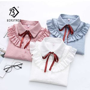 T-shirt femme 2019 femme chemise rayée simple boutonnage volants col rabattu manches longues en mousseline de soie chemisier à lacets arc Feminina HOT T8D407Z Y2302