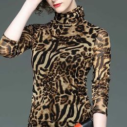 T-shirt femme 2022 chemise de fond femmes style étranger imprimé léopard T-shirt à manches longues col haut mince automne nouveau haut T220923