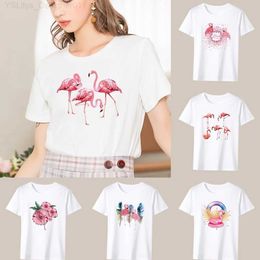 Dames T-shirt 2022 Fashion Hot Sale Dames T-shirt Wit Casual Top Flamingo Print Patroon Ronde Hals Slank Comter Korte Sle Dames T-shirt L24312