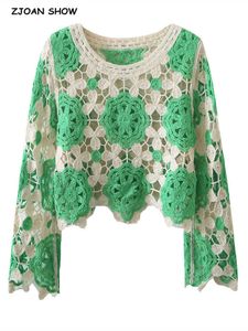 Dames T-shirt 2022 Harajuku Handmade Hollow Out Crochet Geometric Full Flare Sleeve vrouwen Zomergolf zoom pullovers Holiday Sweater Tops P230328