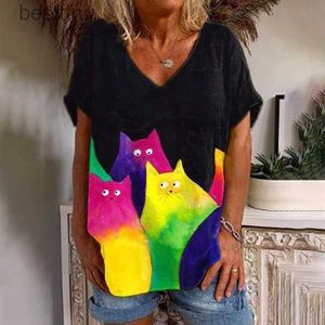 T-shirt Femme 2022 Nouvelles femmes Été Peinture T-shirts Top Y2K Imprimer Tops Tee Dames Col V Court Sle Pull Streetwear Chat T-shirt 240311