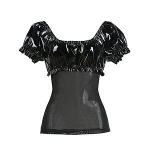 T-Shirt femme 2022 été femmes Sexy haut noir aspect mouillé Faux cuir voir à travers maille manches courtes lanterne dames t-shirts hauts W391248