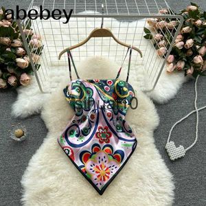 T-shirt femme 2022 Treny Print Top Femme Sexy Backless Strap Camis Scarf Tie Crop Top Beach Holidays Sexy All-matching Summer Top J230627