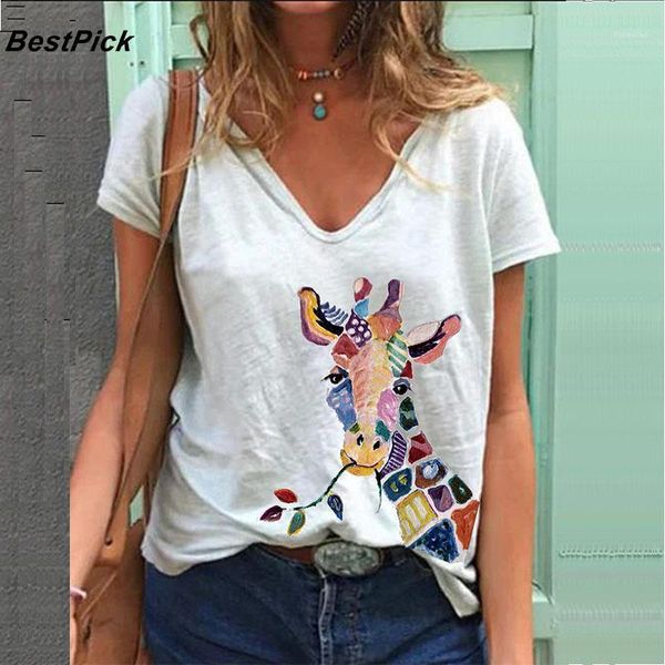T-shirt Femme 2022 Femmes Girafe Animal Print Summer T-shirt Coton Col V Manches courtes Tops Femme Casual Plus Taille S-3XL Tee