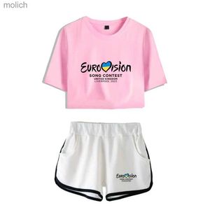 Dames T-shirt 2023 European Song Contest 2023 Set met korte mouwen European TV 2023 Navy Blue T-shirt Set Girls Shorts Tweedel Set SWX