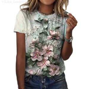 T-shirt Femme 2023 Mode Femmes T-shirt Floral Graphique Harajuku Vêtements O-Cou Coton Pull 3D Imprimer Court Sle Tees Lâche Streetwear L24312